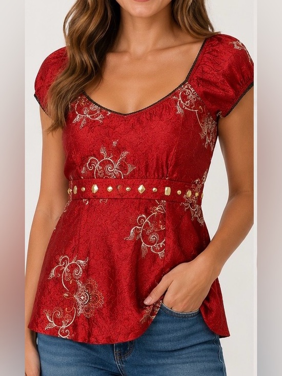 Heart Soul Tops - Heart Soul Y2K Boho Red Embroidered Studded Empire Waist Top | Small